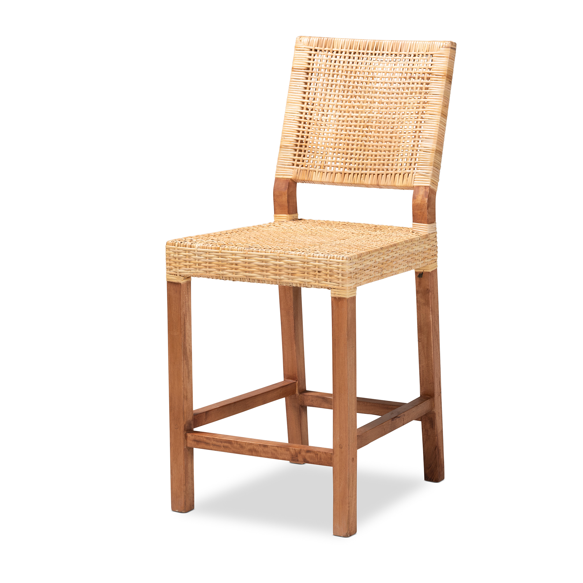 Baxton Studio Lesia Modern Bohemian Natural Brown Rattan and Walnut Brown Finished Wood Counter Stool